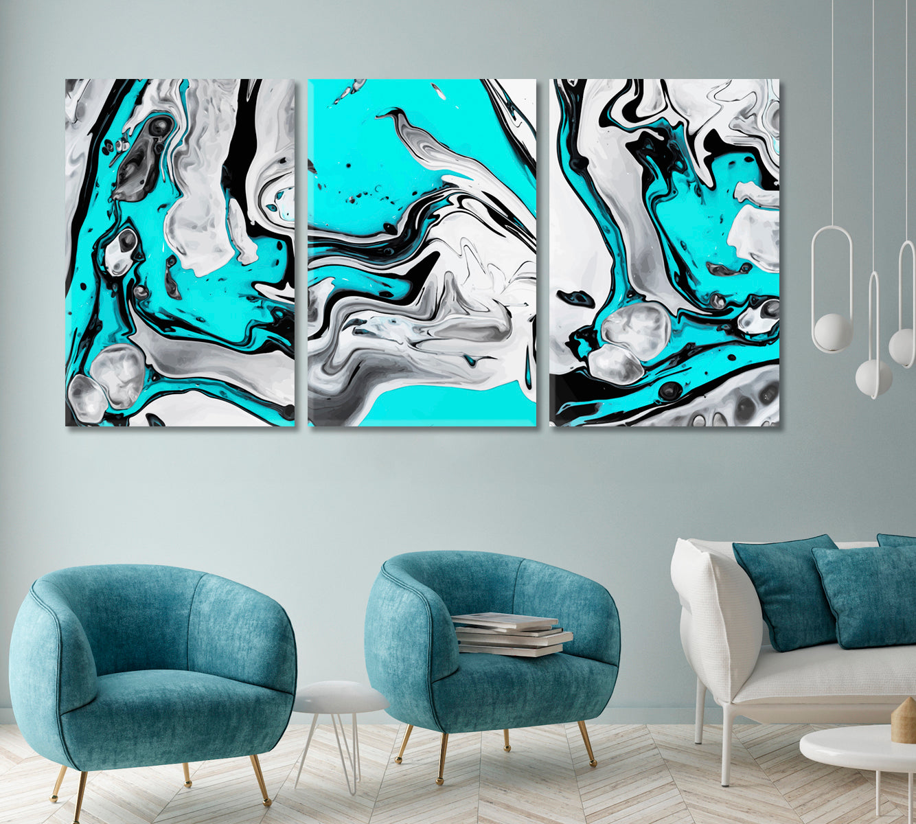 Set of 3 Abstract Aquamarine Fluid Marble Waves Canvas Print ArtLexy 3 Panels 48”x24” inches 