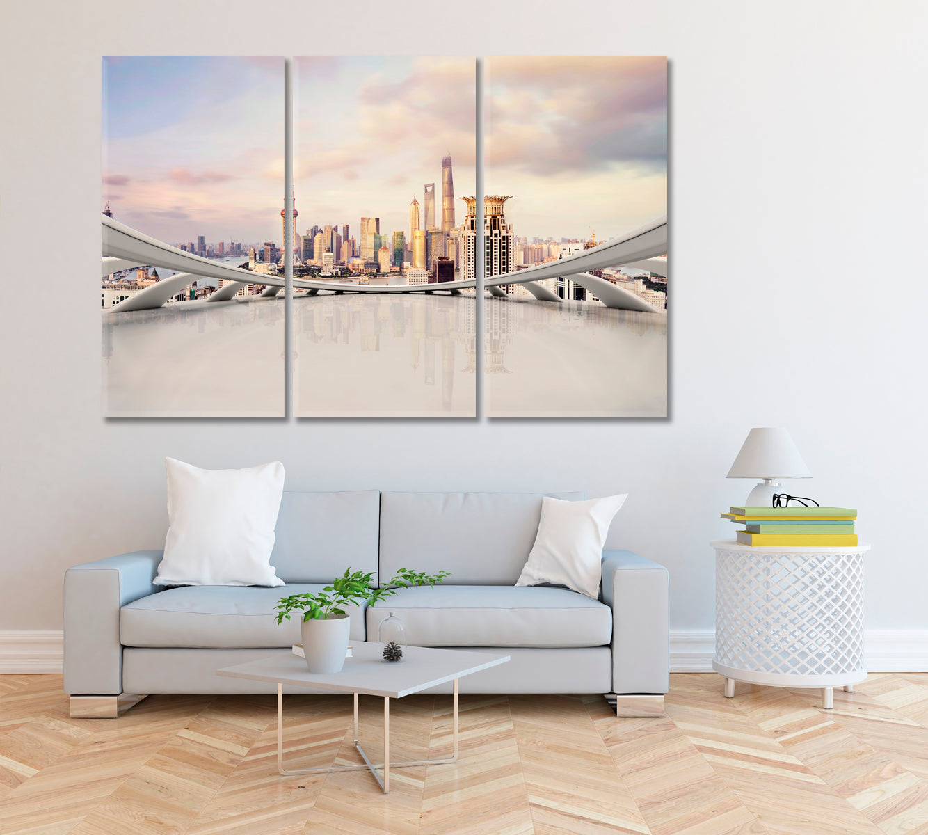 Shanghai Cityscape Canvas Print ArtLexy 3 Panels 36"x24" inches 