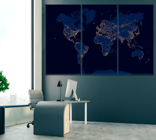 Abstract Night World Map Canvas Print ArtLexy 3 Panels 36"x24" inches 