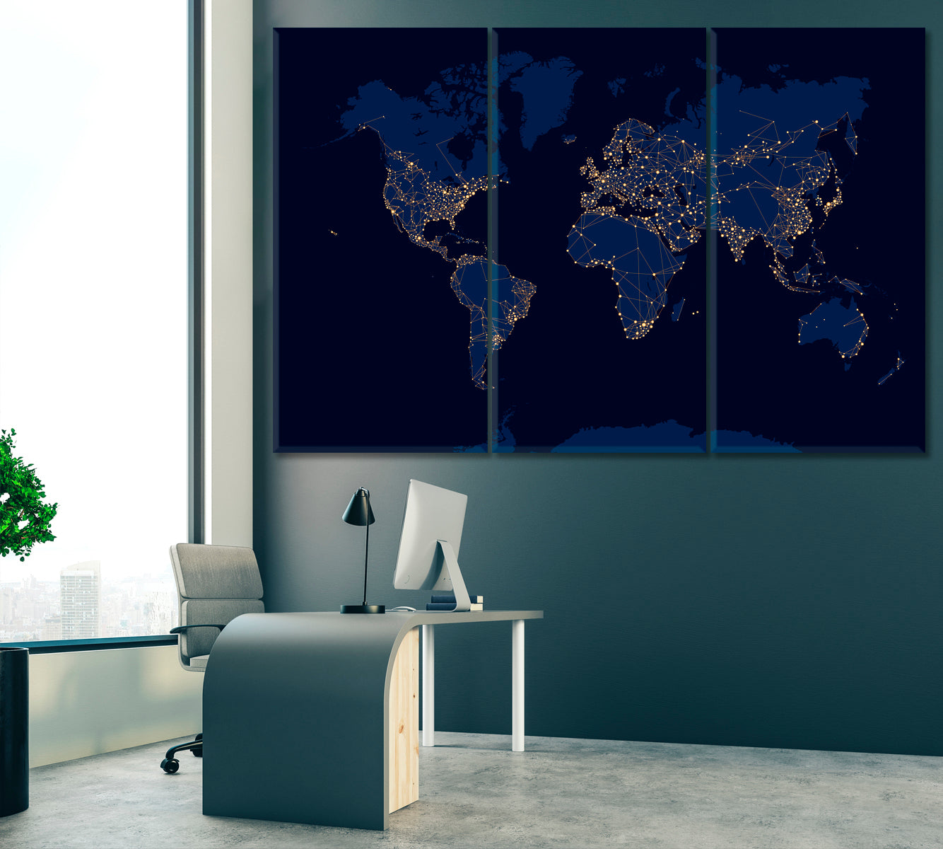 Abstract Night World Map Canvas Print ArtLexy 3 Panels 36"x24" inches 