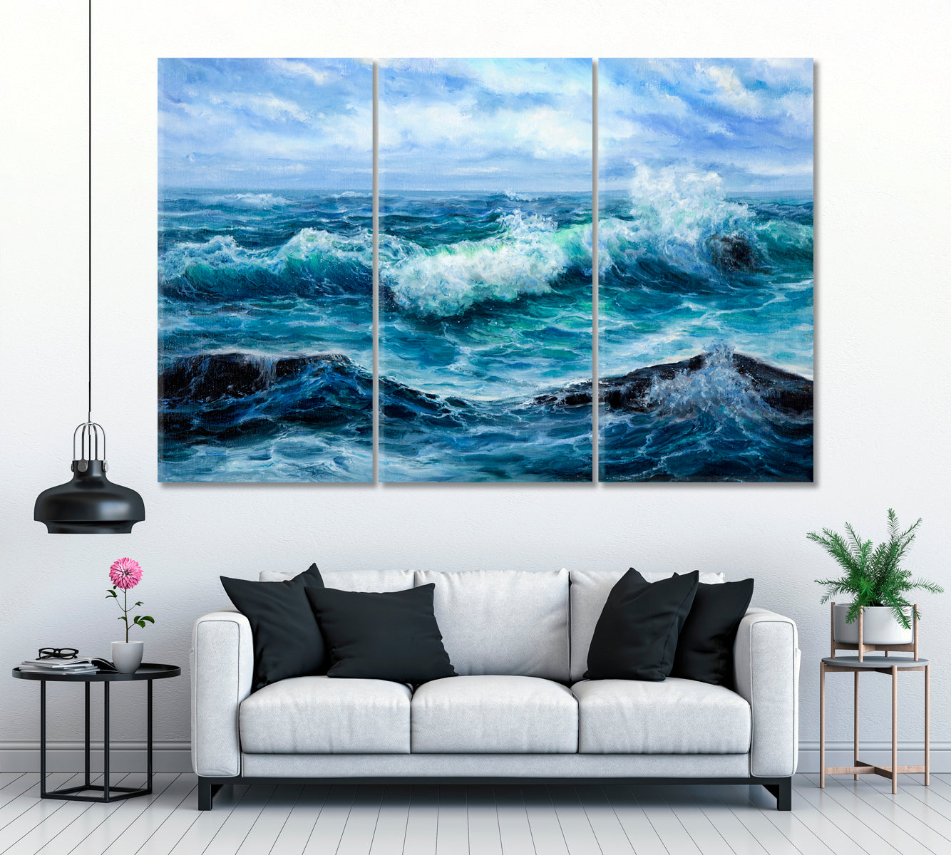 Modern Abstract Ocean Waves Canvas Print ArtLexy 3 Panels 36"x24" inches 
