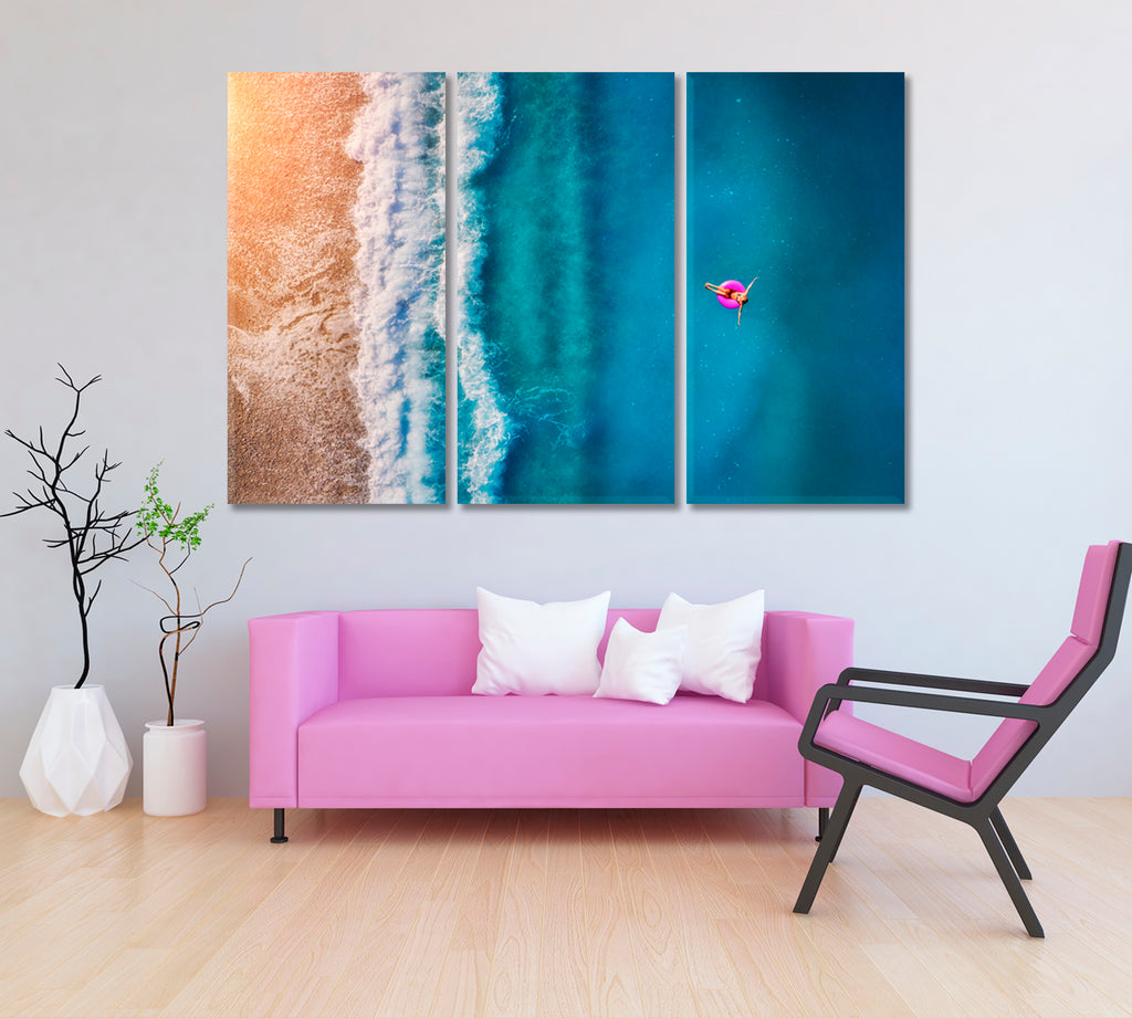 Seascape with Girl on Pink Swimming Ring Canvas Print ArtLexy 3 Panels 36"x24" inches 