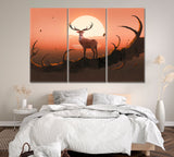 Deer Standing on Branch Against Sunset Canvas Print ArtLexy 3 Panels 36"x24" inches 
