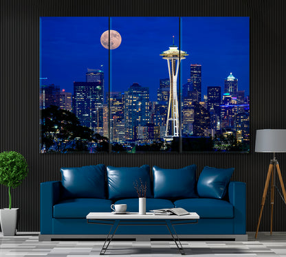 Full Moon over Seattle Canvas Print ArtLexy 3 Panels 36"x24" inches 