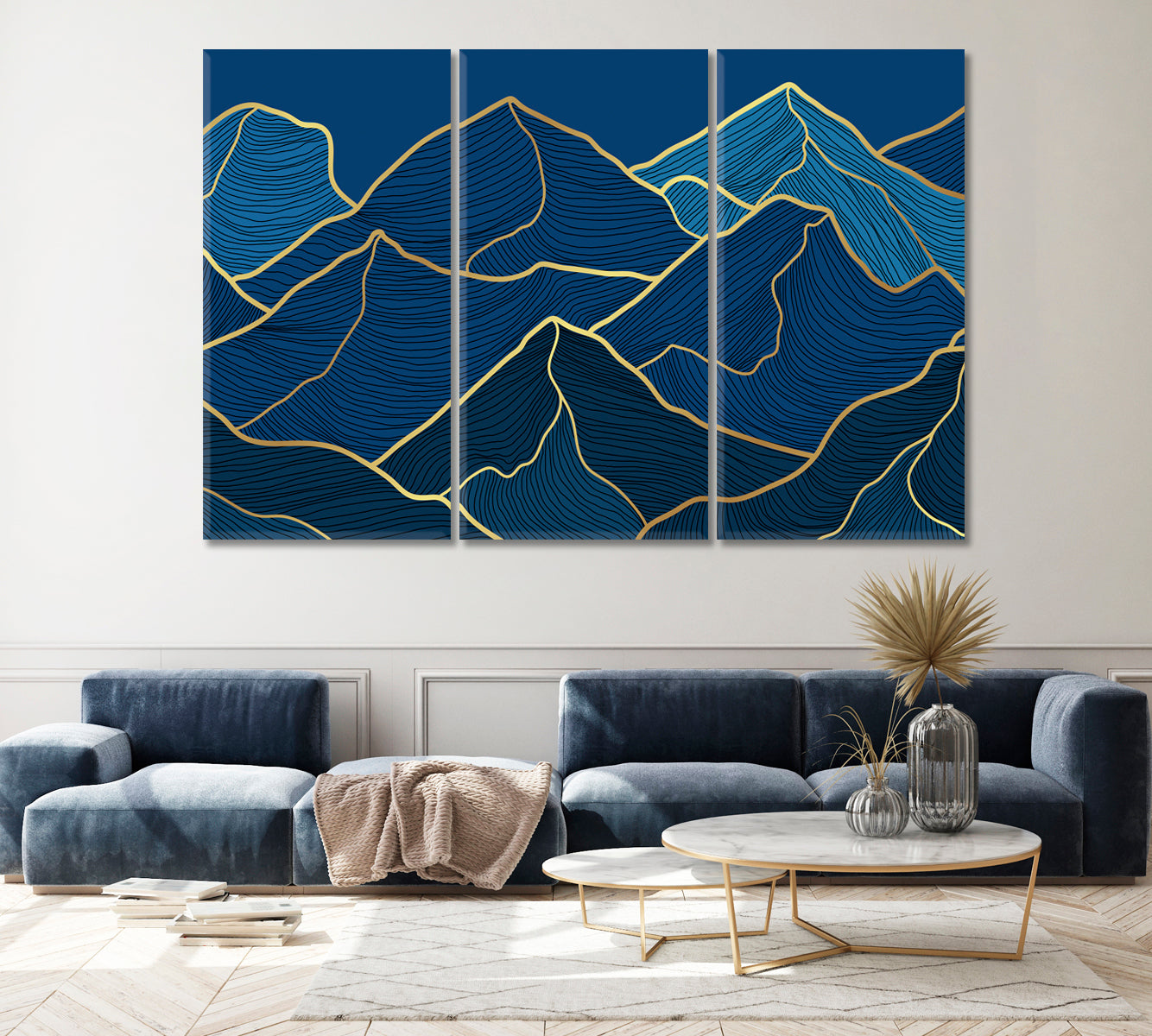 Abstract Gold Mountains Canvas Print ArtLexy 3 Panels 36"x24" inches 