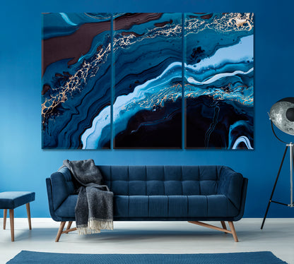 Abstract Ocean Waves with Gold Swirls Canvas Print ArtLexy 3 Panels 36"x24" inches 