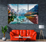 Autumn Landscape of Braies Lake Italy Canvas Print ArtLexy 3 Panels 36"x24" inches 