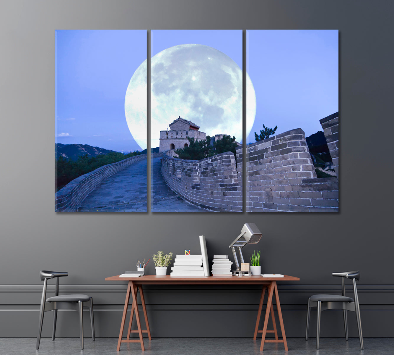 Badaling Great Wall with Full Moon Canvas Print ArtLexy 3 Panels 36"x24" inches 