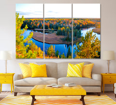 Ausable River Oscoda Michigan in Autumn Canvas Print ArtLexy 3 Panels 36"x24" inches 