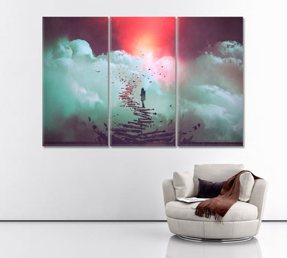 Woman Stands on Broken Staircase Leading to Sky Canvas Print ArtLexy 3 Panels 36"x24" inches 