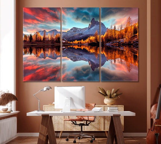 Federa Lake with Dolomites Peak Canvas Print ArtLexy 3 Panels 36"x24" inches 