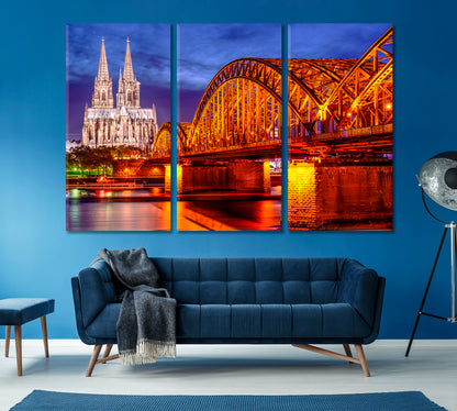 Cologne Cathedral and Hohenzollern Bridge Germany Canvas Print ArtLexy 3 Panels 36"x24" inches 