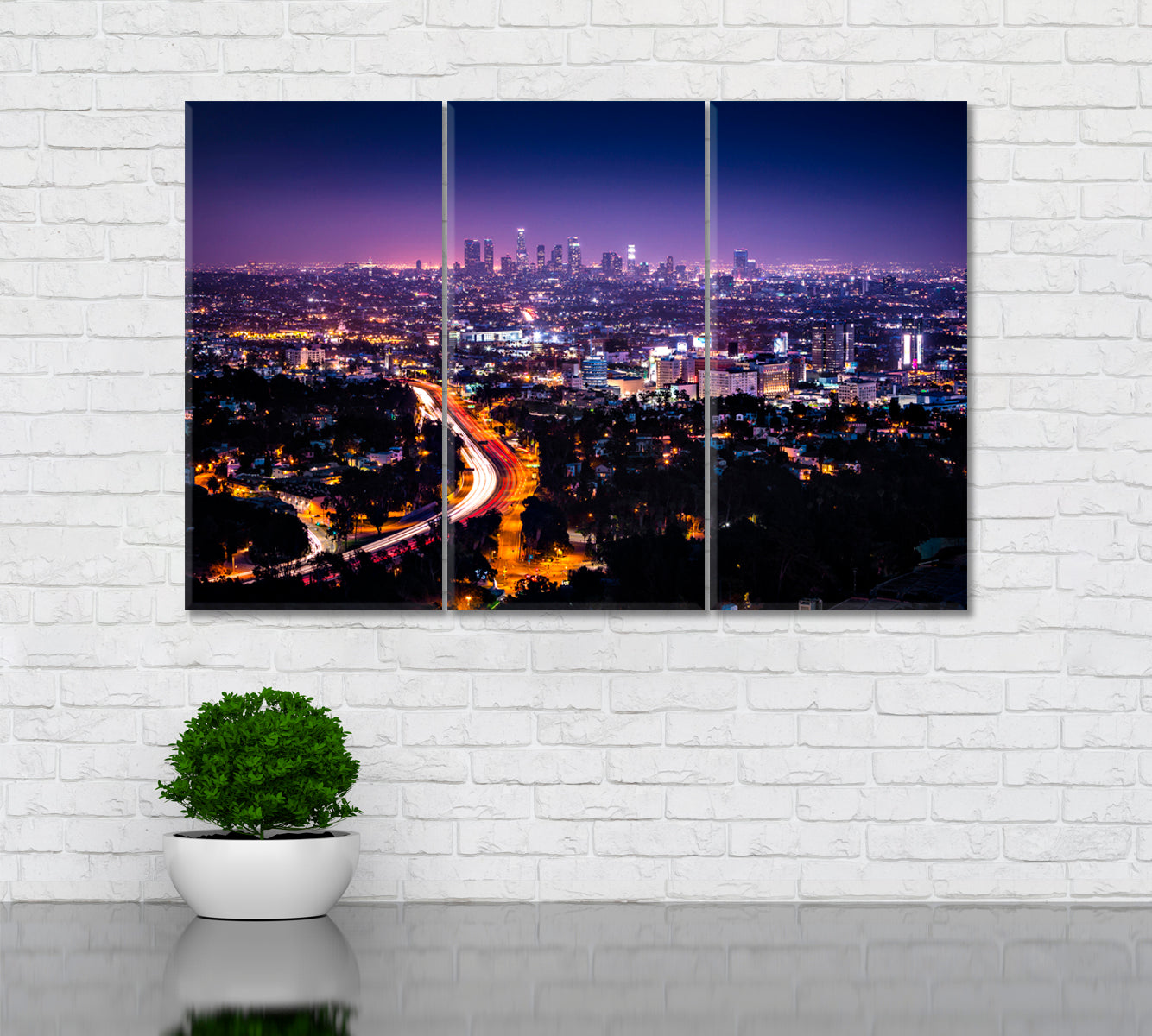 Los Angeles Skyline at Night Canvas Print ArtLexy 3 Panels 36"x24" inches 