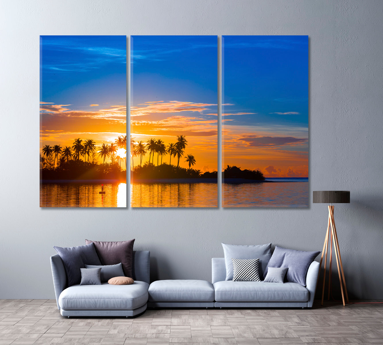 Colorful Sunset Over Indian Ocean Maldives Canvas Print ArtLexy 3 Panels 36"x24" inches 