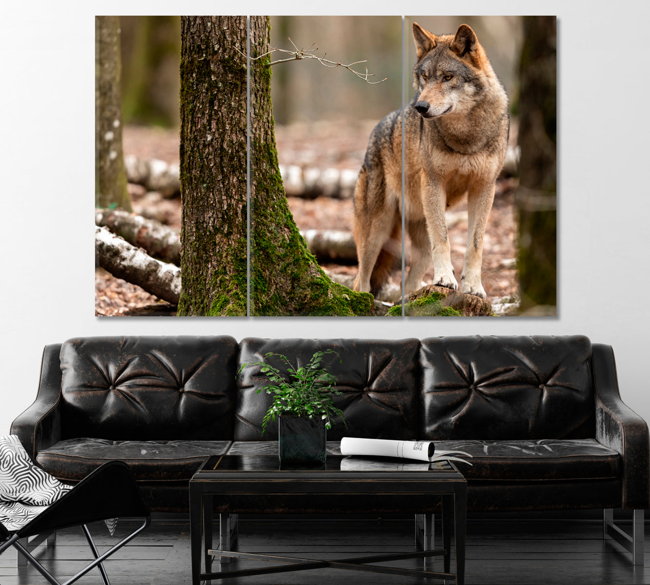 Angry Gray Wolf Canvas Print ArtLexy 3 Panels 36"x24" inches 