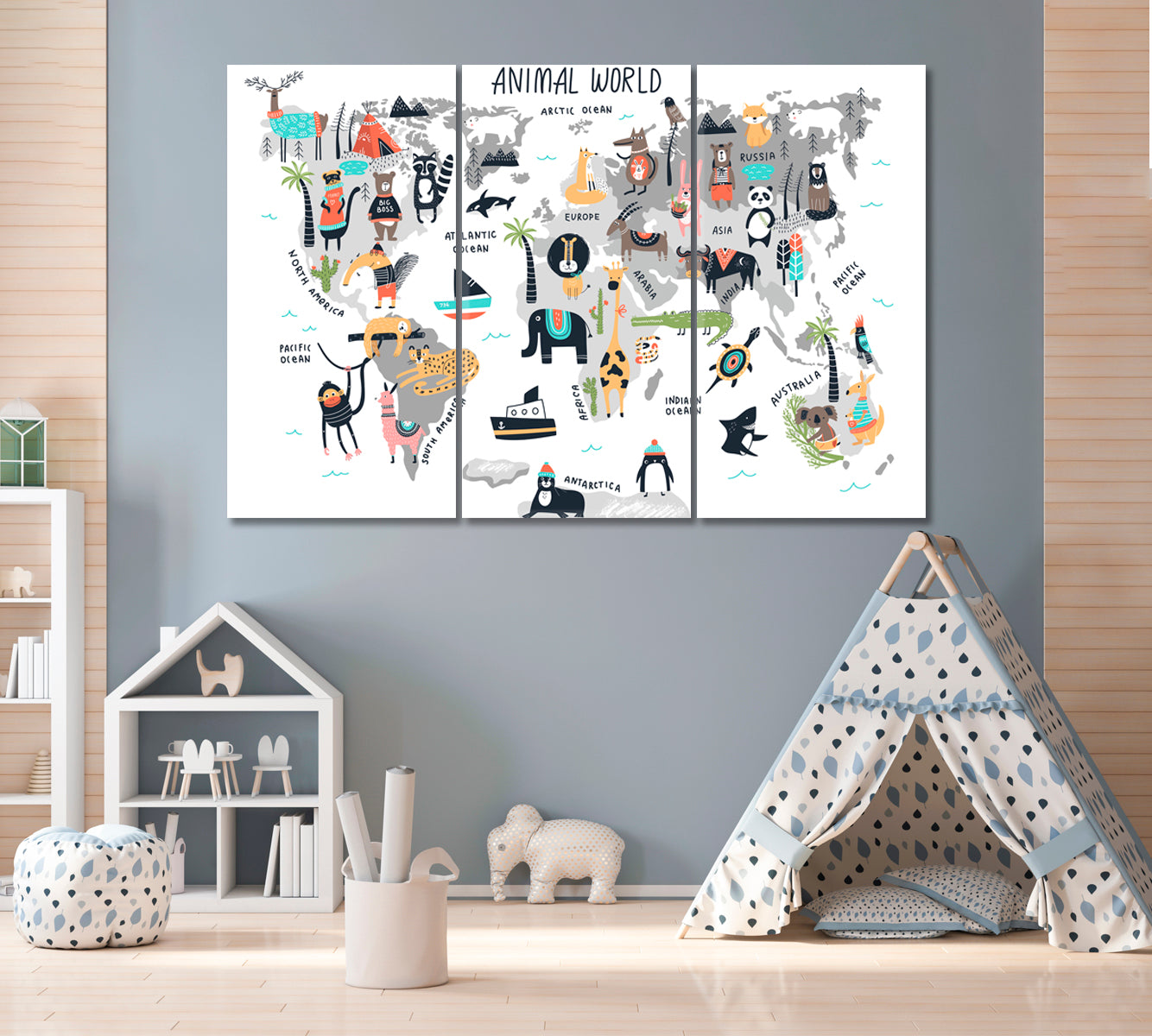 Animal World Map Canvas Print ArtLexy 3 Panels 36"x24" inches 