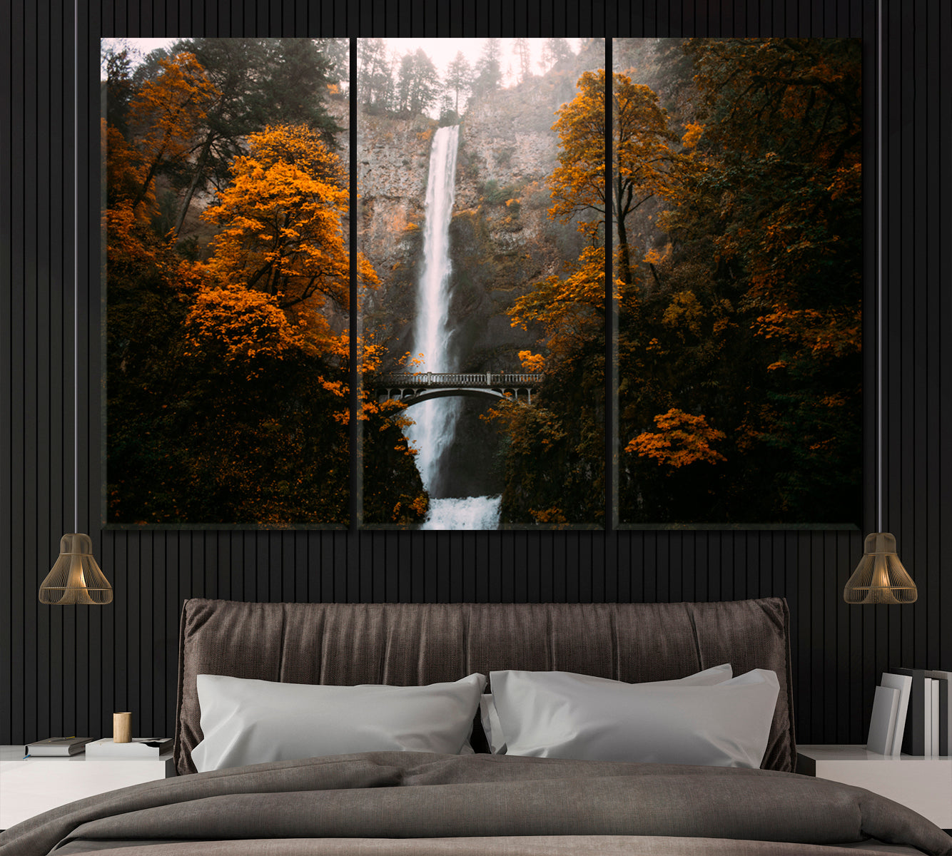 Multnomah Falls in Autumn Oregon Canvas Print ArtLexy 3 Panels 36"x24" inches 