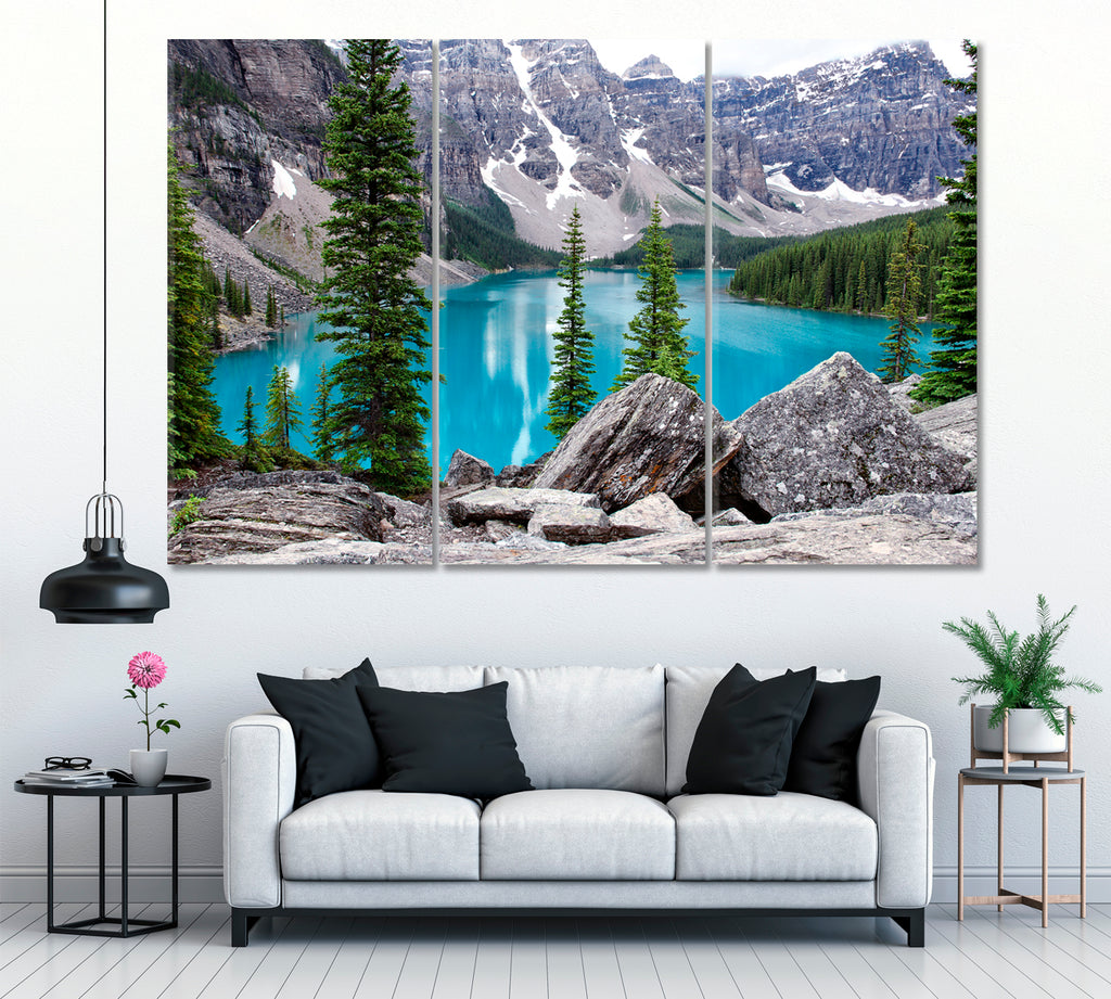 Blue Lake Moraine Banff National Park Alberta Canvas Print ArtLexy 3 Panels 36"x24" inches 