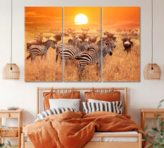 Zebras at Sunset Africa Tanzania Canvas Print ArtLexy 3 Panels 36"x24" inches 