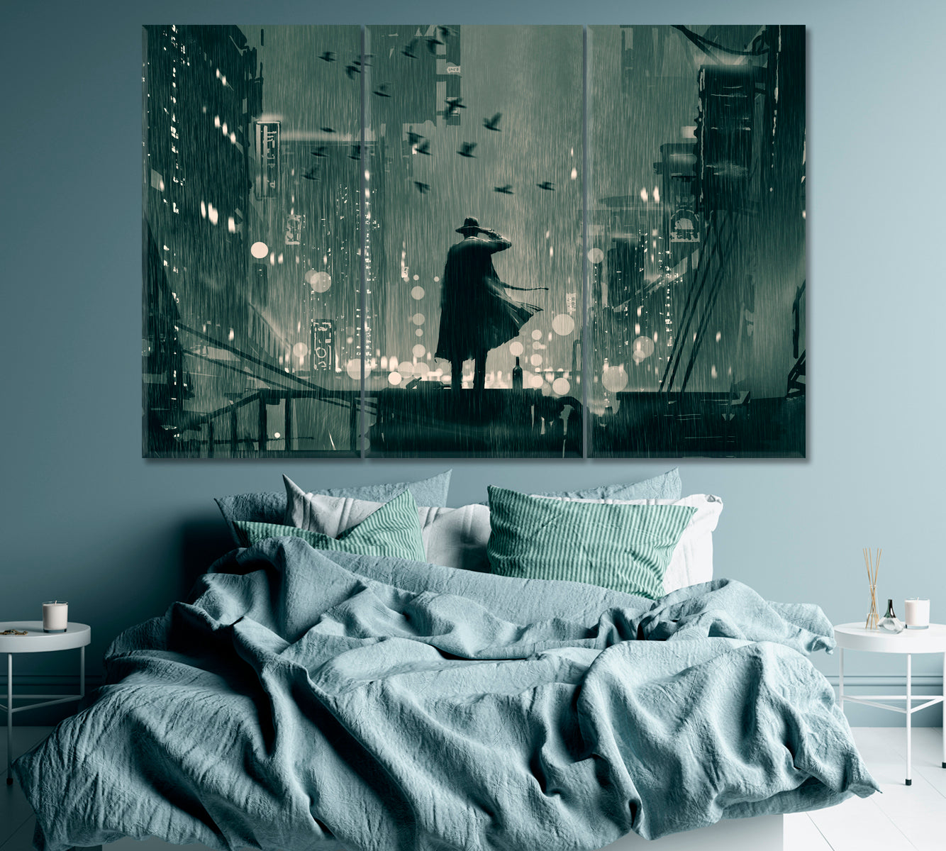 Detective Standing on Roof in Rainy Night Canvas Print ArtLexy 3 Panels 36"x24" inches 