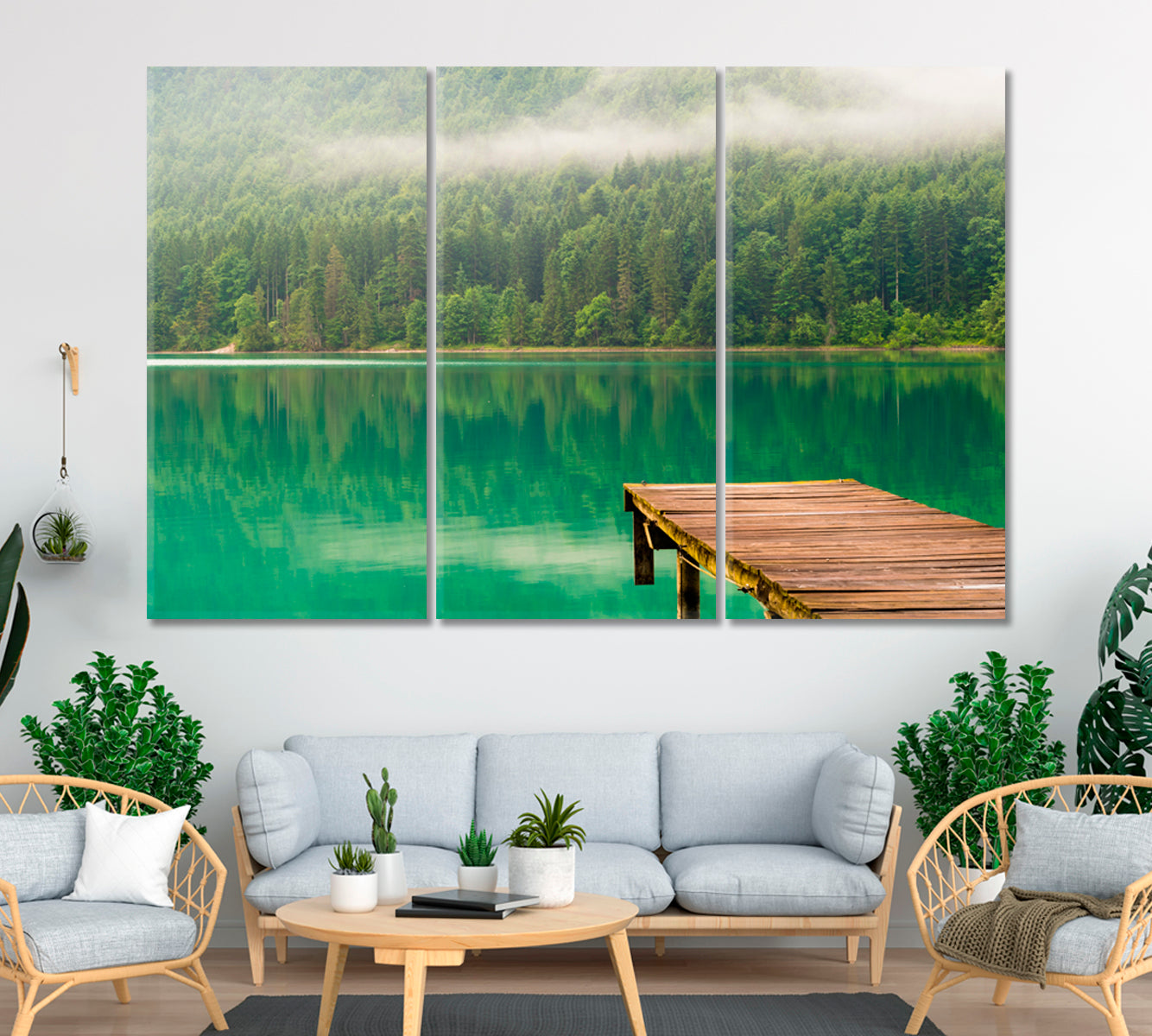 Jetty at Lake Walchensee Bavaria Alps Canvas Print ArtLexy 3 Panels 36"x24" inches 