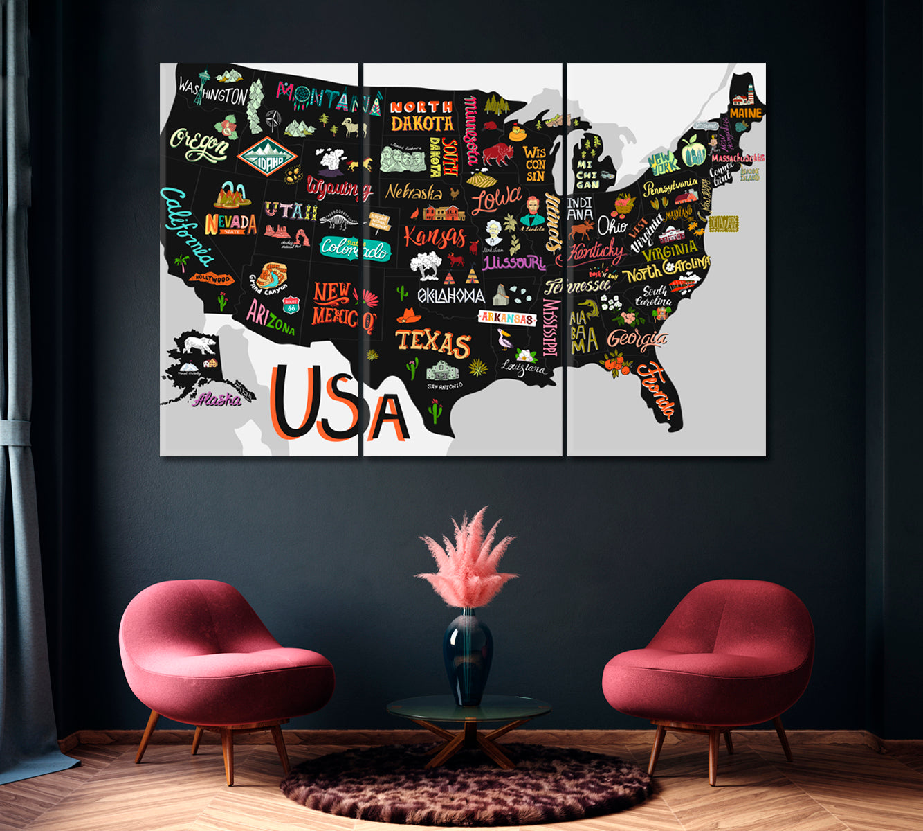 Map of USA with States and Attractions of America Canvas Print ArtLexy 3 Panels 36"x24" inches 