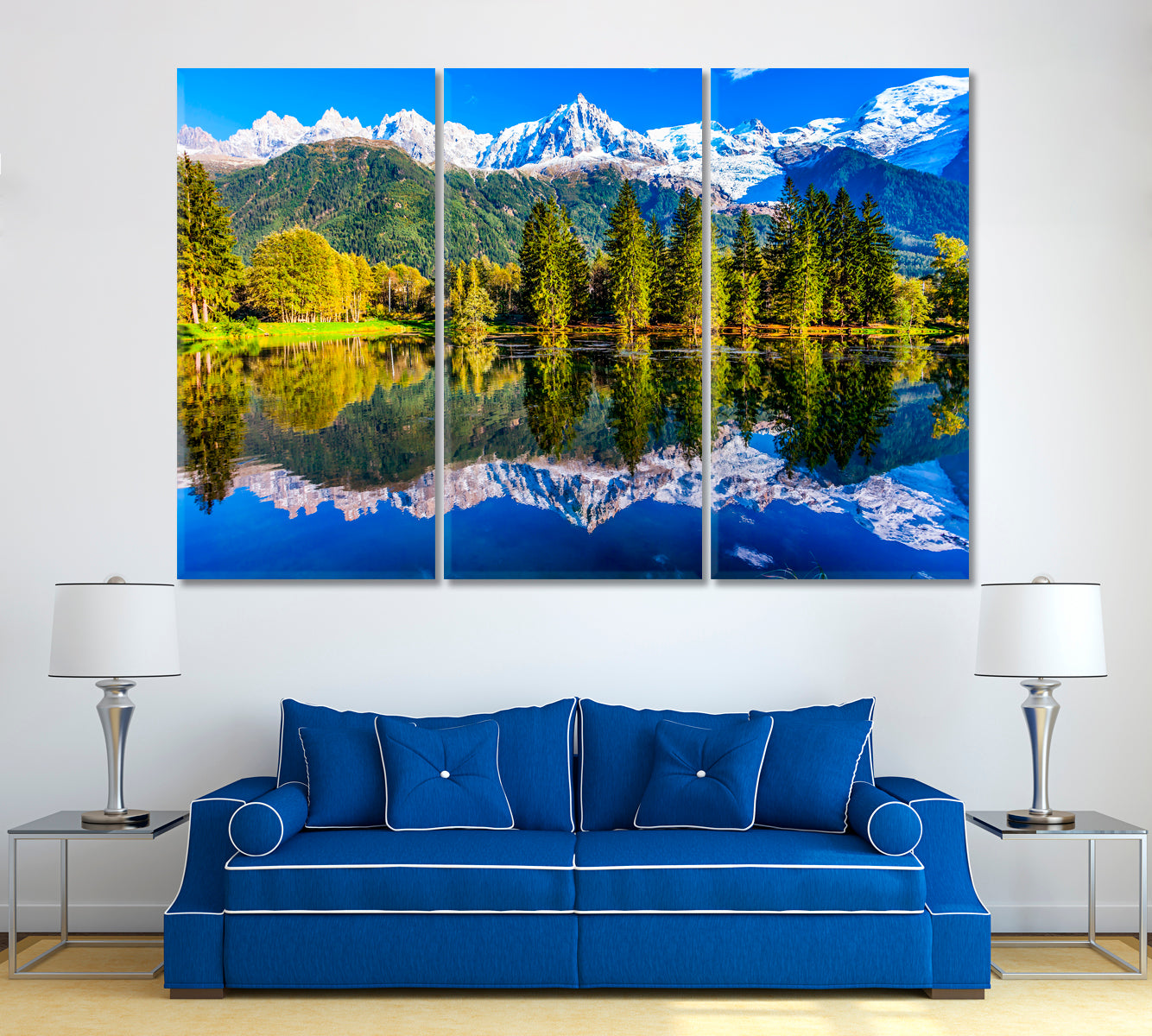 Reflections of Snowy Mountains in Lake Canvas Print ArtLexy 3 Panels 36"x24" inches 