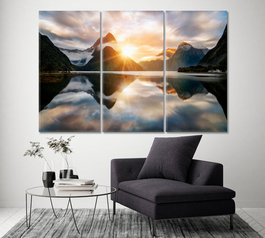 Amazing Sunrise in Milford Sound New Zealand Canvas Print ArtLexy 3 Panels 36"x24" inches 