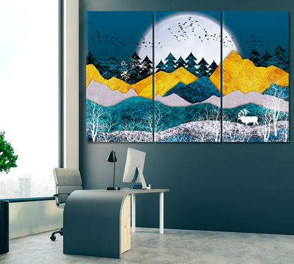 Beautiful Abstract Landscape with Golden Mountains Canvas Print ArtLexy 3 Panels 36"x24" inches 