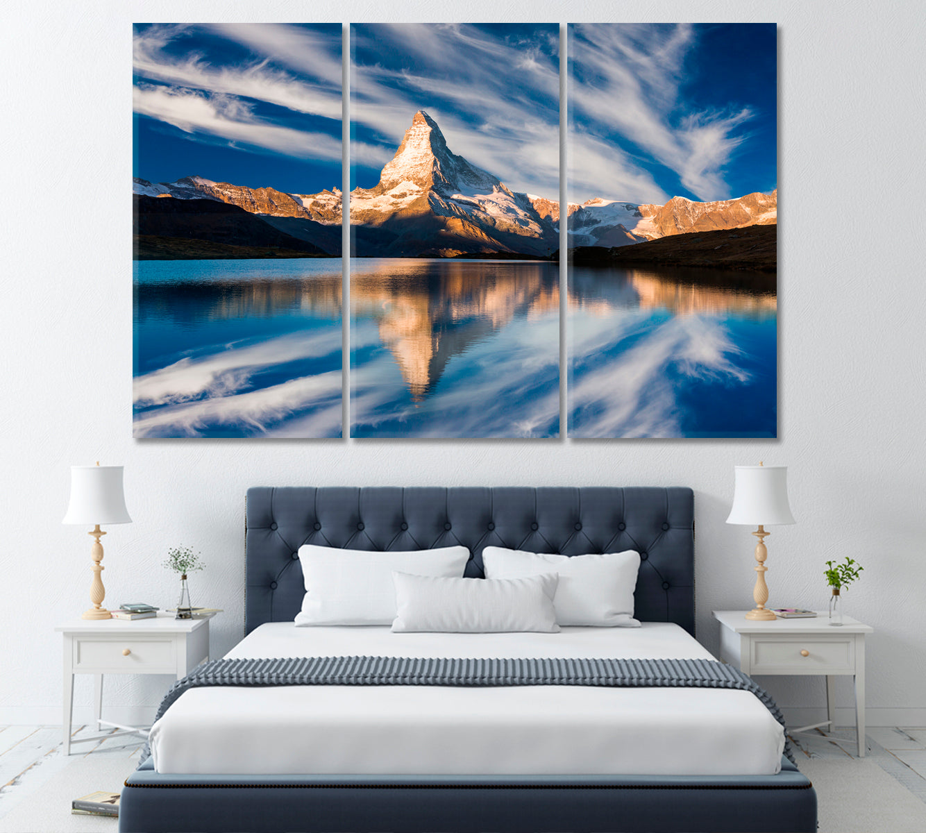 Reflection of Matterhorn Peak in Stellisee Lake Swiss Alps Switzerland Canvas Print ArtLexy 3 Panels 36"x24" inches 