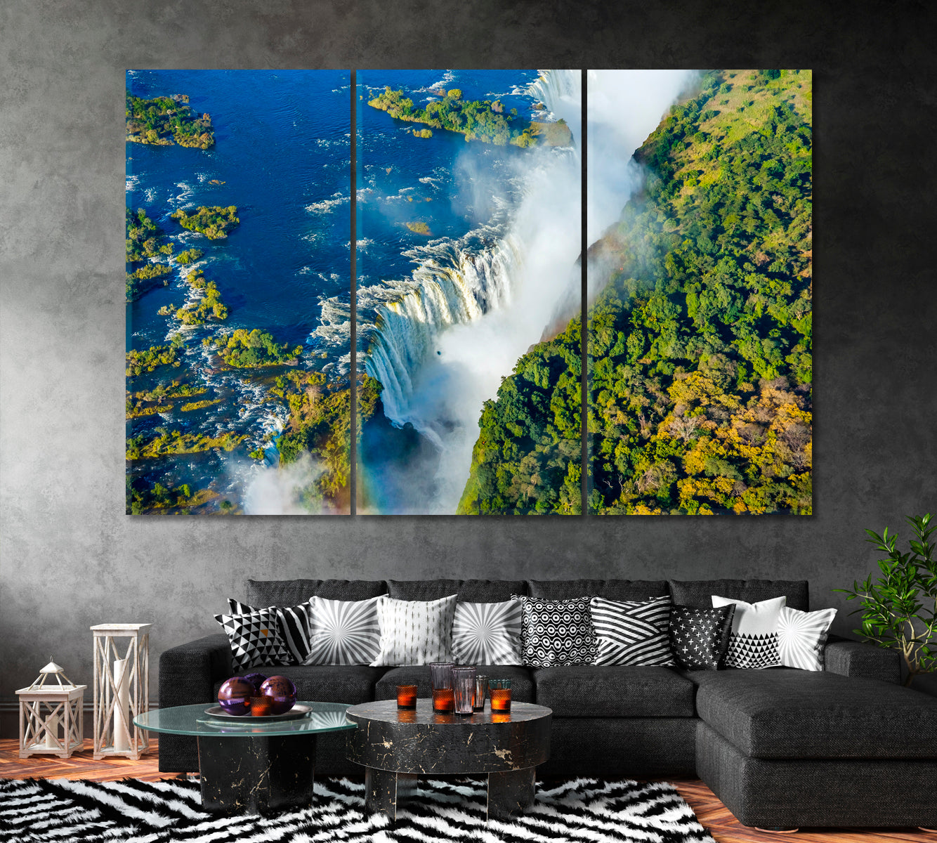 Victoria Falls Waterfall on Zambezi River Canvas Print ArtLexy 3 Panels 36"x24" inches 