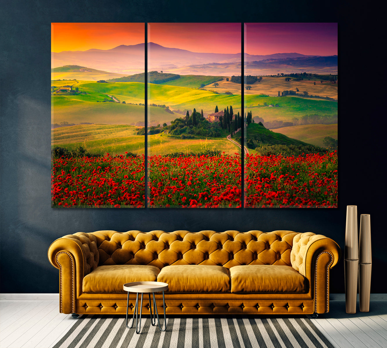 Tuscany Landscape with Poppy Field Canvas Print ArtLexy 3 Panels 36"x24" inches 