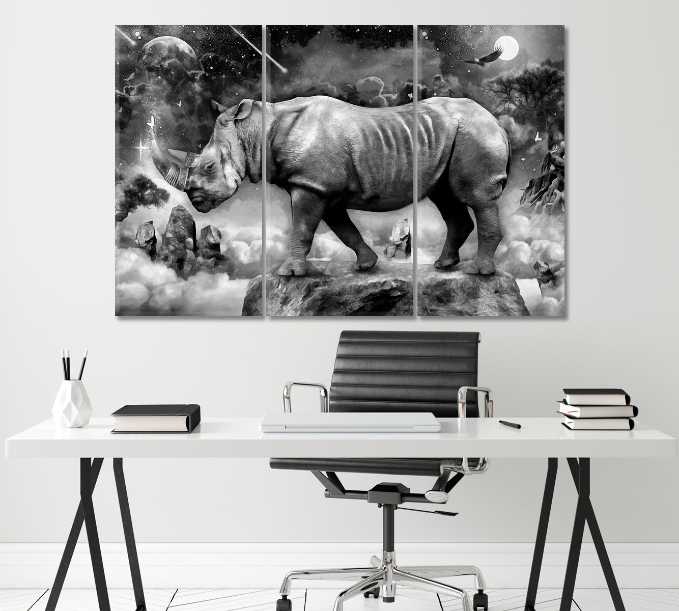 Rhinoceros in Fantasy World Canvas Print ArtLexy 3 Panels 36"x24" inches 