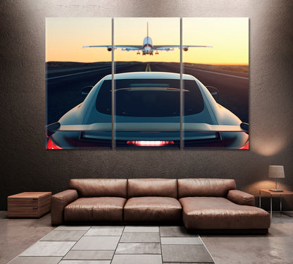 Sports Car and Airplane on Same Road Canvas Print ArtLexy 3 Panels 36"x24" inches 