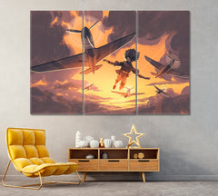 Boy Flying in Sky with Planes Canvas Print ArtLexy 3 Panels 36"x24" inches 