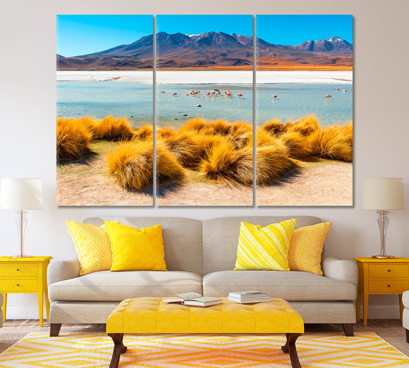 Laguna Canapa with Flamingos Bolivia Canvas Print ArtLexy 3 Panels 36"x24" inches 