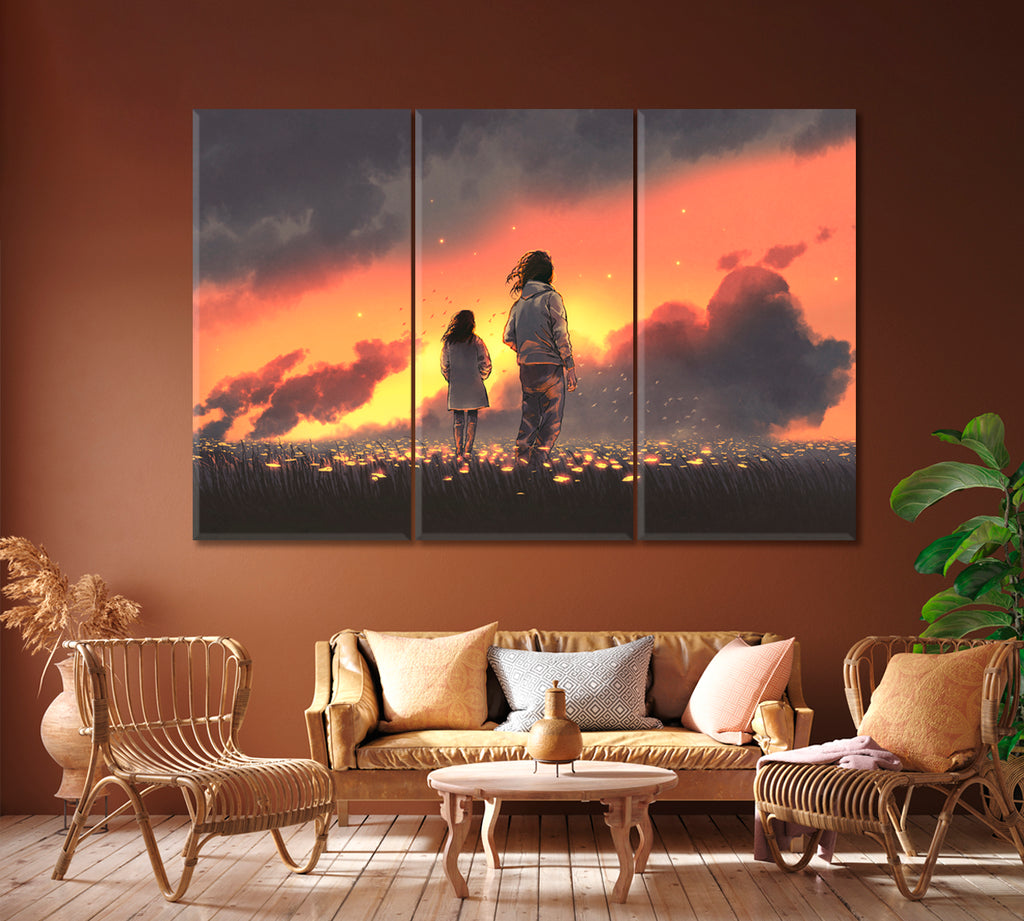 Couple in Field of Flowers at Sunset Canvas Print ArtLexy 3 Panels 36"x24" inches 