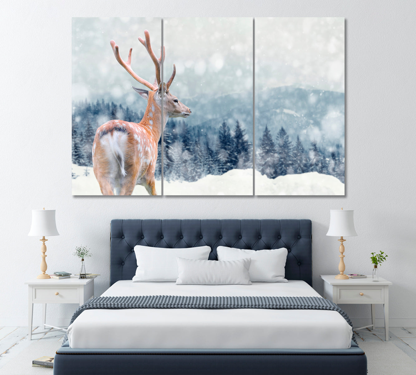 Deer in Winter Forest Canvas Print ArtLexy 3 Panels 36"x24" inches 