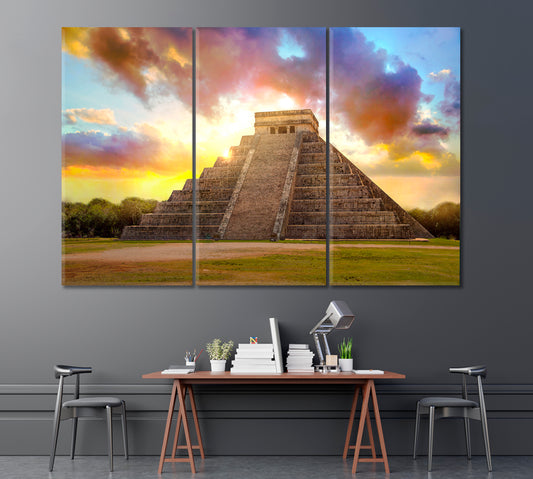 Mayan Pyramid Kukulcan El Castillo Mexico Canvas Print ArtLexy 3 Panels 36"x24" inches 