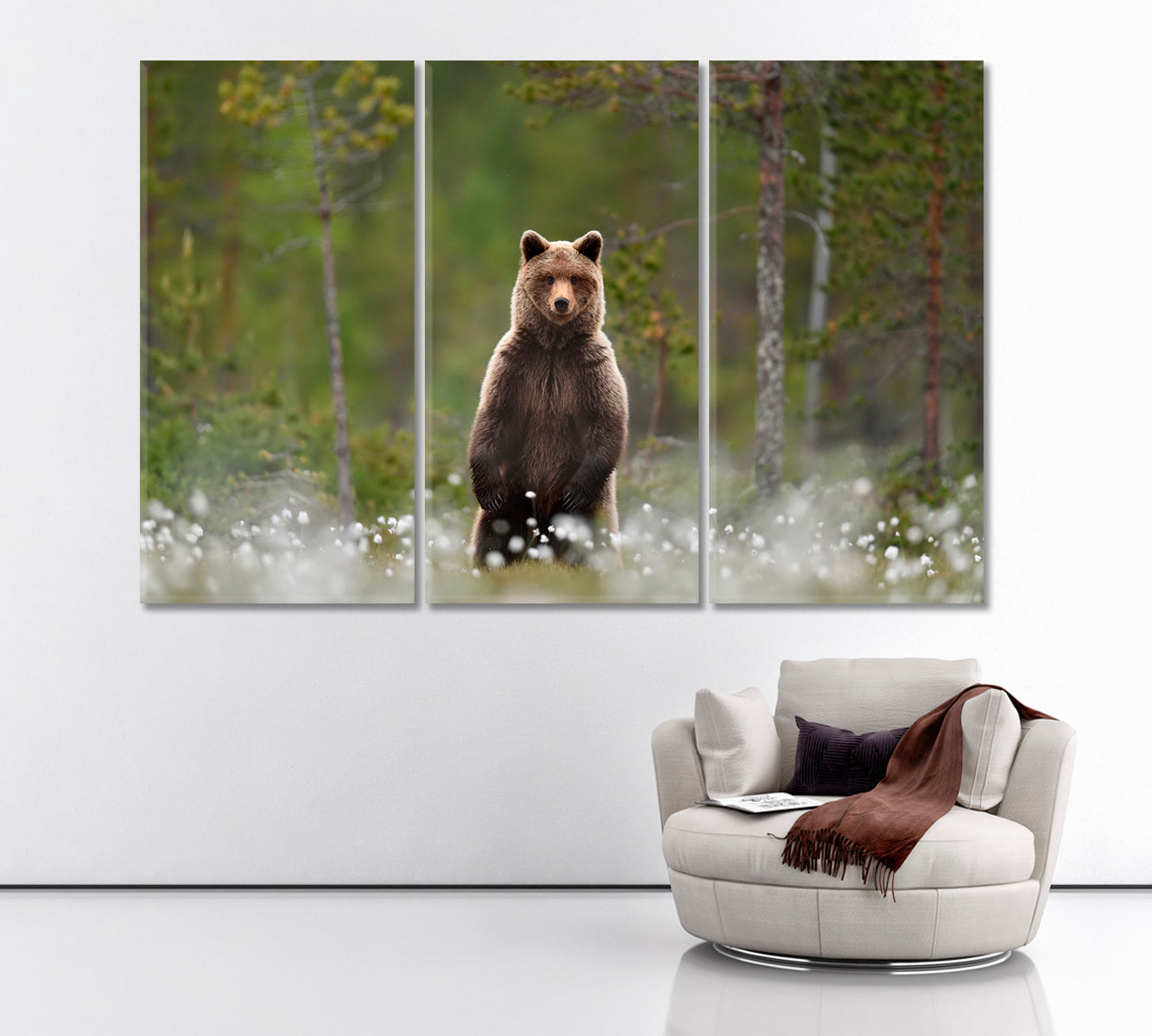Brown Bear in Taiga Forest Canvas Print ArtLexy 3 Panels 36"x24" inches 