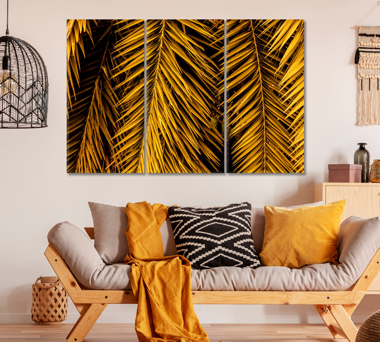 Tropical Yellow Palm Leaf Canvas Print ArtLexy 3 Panels 36"x24" inches 