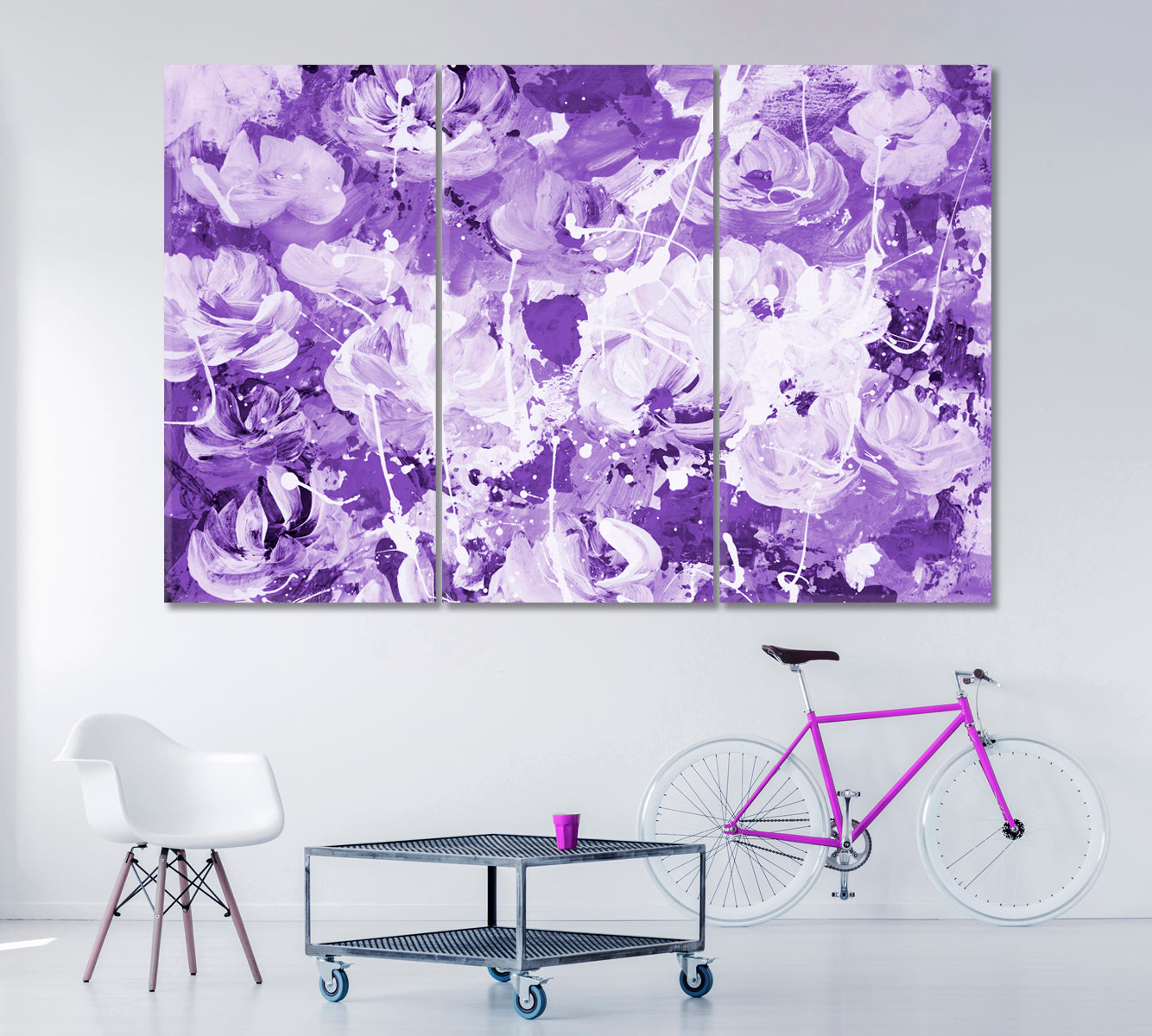 Violet Abstract Flowers Canvas Print ArtLexy 3 Panels 36"x24" inches 