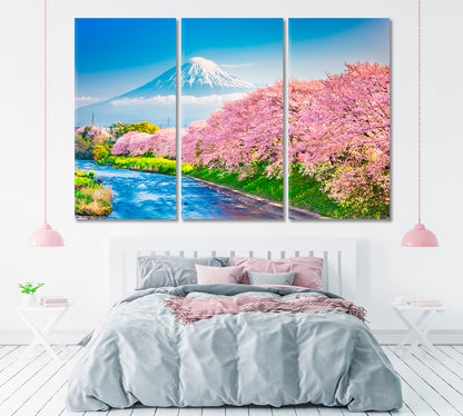 Mount Fuji with Cherry Blossoms Japan Canvas Print ArtLexy 3 Panels 36"x24" inches 