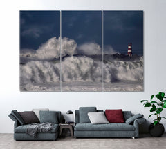 Huge Waves Crash into Lighthouse in Portugal Canvas Print ArtLexy 3 Panels 36"x24" inches 