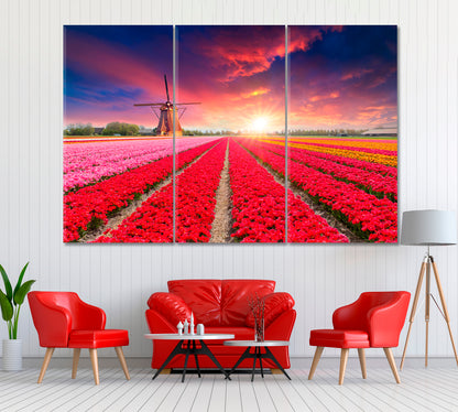 Tulip Fields and Windmill Netherlands Canvas Print ArtLexy 3 Panels 36"x24" inches 