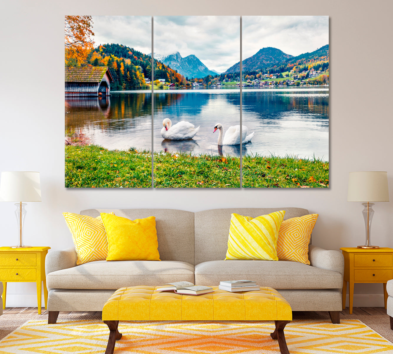 Swans on Grundlsee Lake Alps Canvas Print ArtLexy 3 Panels 36"x24" inches 