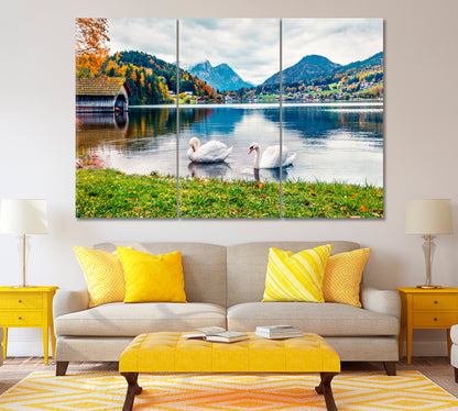 Swans on Grundlsee Lake Alps Canvas Print ArtLexy 3 Panels 36"x24" inches 