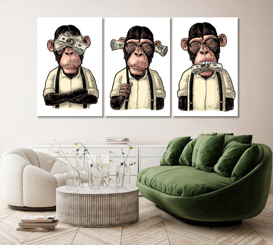 Set of 3 Three Wise Monkeys. Not see, Not Hear, Not Speak Canvas Print ArtLexy 3 Panels 48”x24” inches 
