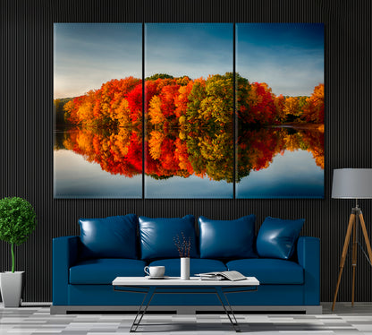 Autumn Trees Reflected In Pond Canvas Print ArtLexy 3 Panels 36"x24" inches 