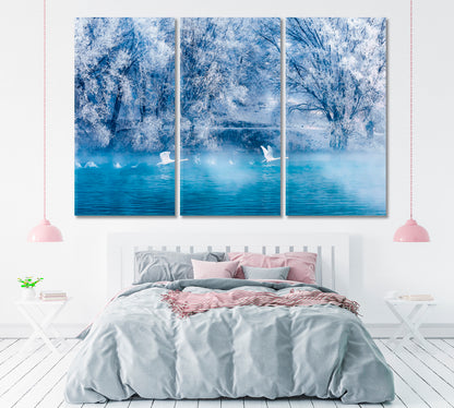 Beautiful Winter Landscape with Swans on Lake Canvas Print ArtLexy 3 Panels 36"x24" inches 